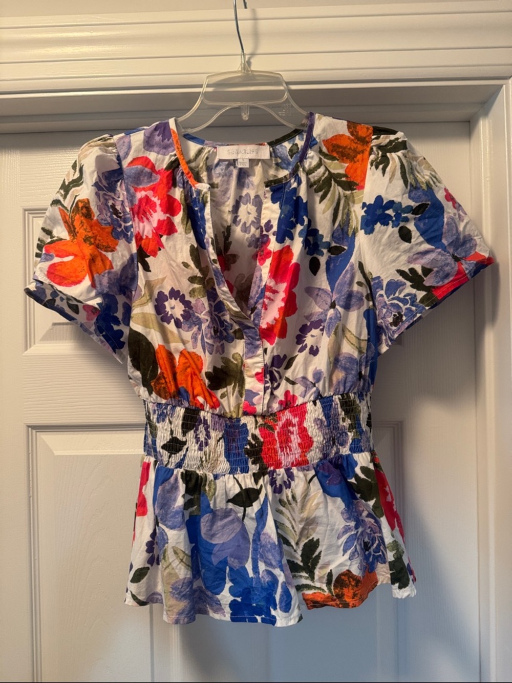 Sugarlips White Floral Smocked Waist Peplum Top